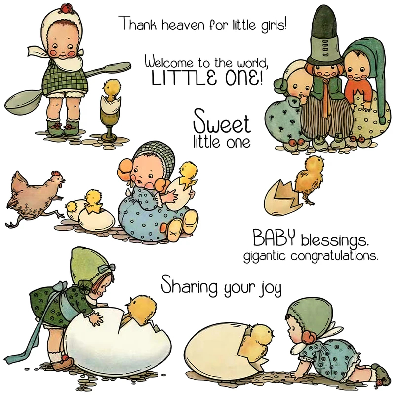 Rubber Stamp Blank - Cute Baby Kids and Egg Chicks